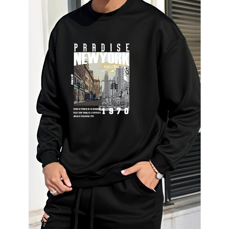 1pc Men's Fashion Creative Design New York Time Change Print Sporty Casual Commuting Multi-Functional Crew Neck Sweatshirt, PLUS SIZE