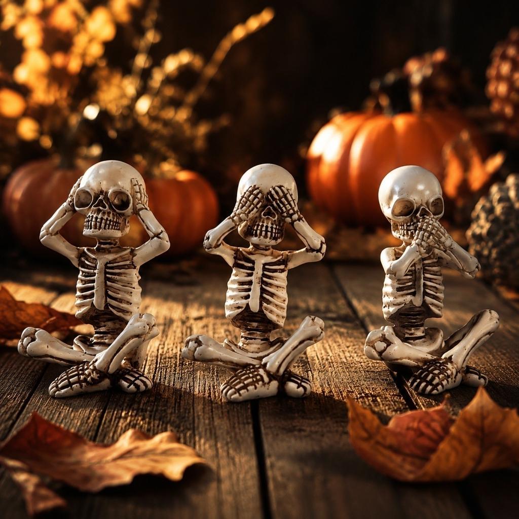 Halloween Skeleton Resin Figurines Set of 3 Sitting Skeletons with Pumpkin Heads Decorative Statues for Seasonal Tabletop Display or Shelf Decoration