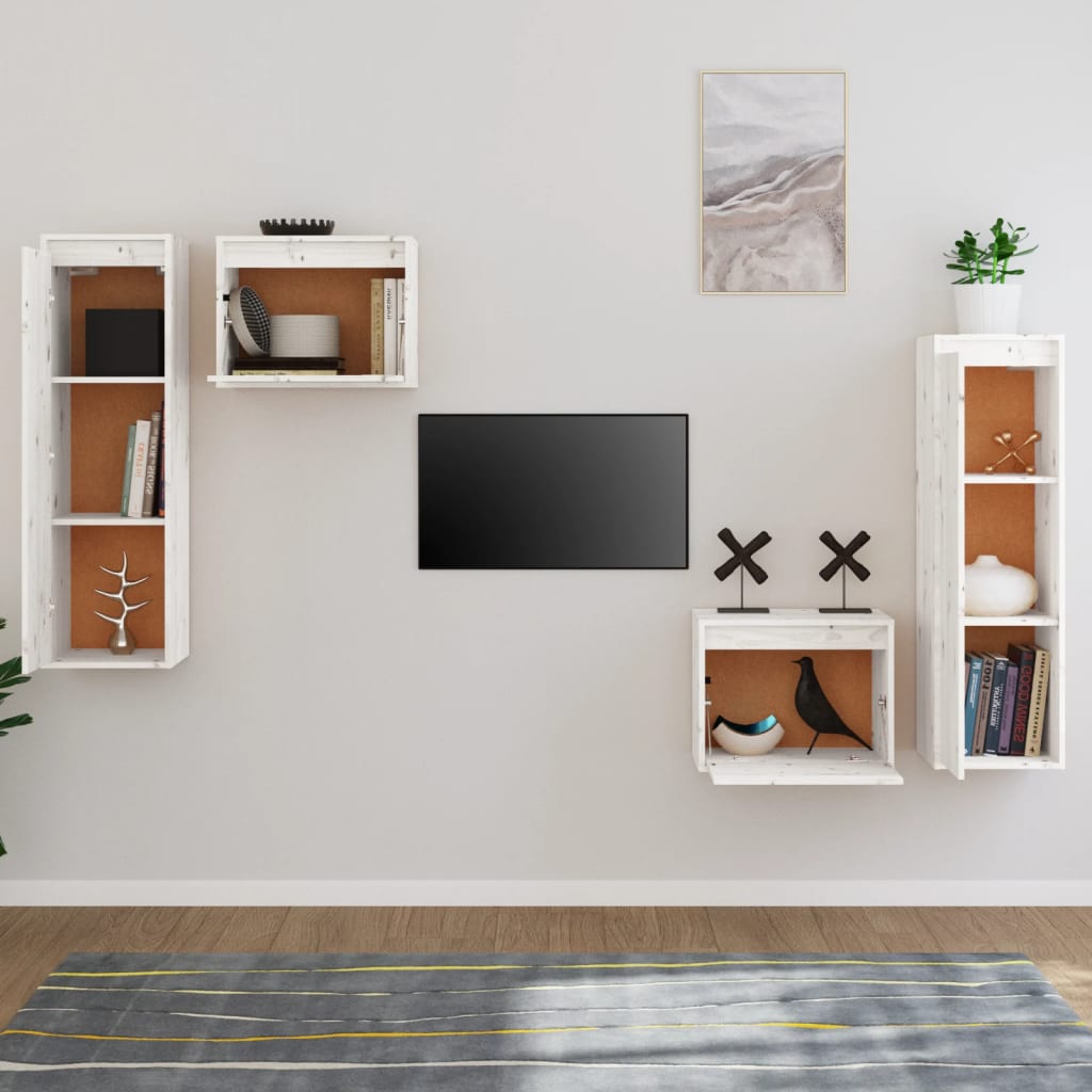 TV Cabinets Set of 4 White Solid Pine Wood