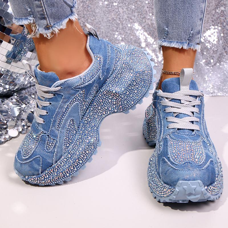 Fashion Luxury Rhinestone Chunky Sneakers for Women Fashion Purple Denim Platform Sports Shoes Woman Non Slip Thick Sole Vulcanize Shoes