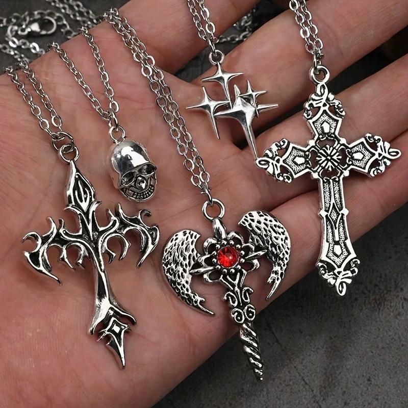 Gothic Punk Cross Skull Star Pendant Necklace for Men and Women Vintage Hip Hop Streetwear Jewelry