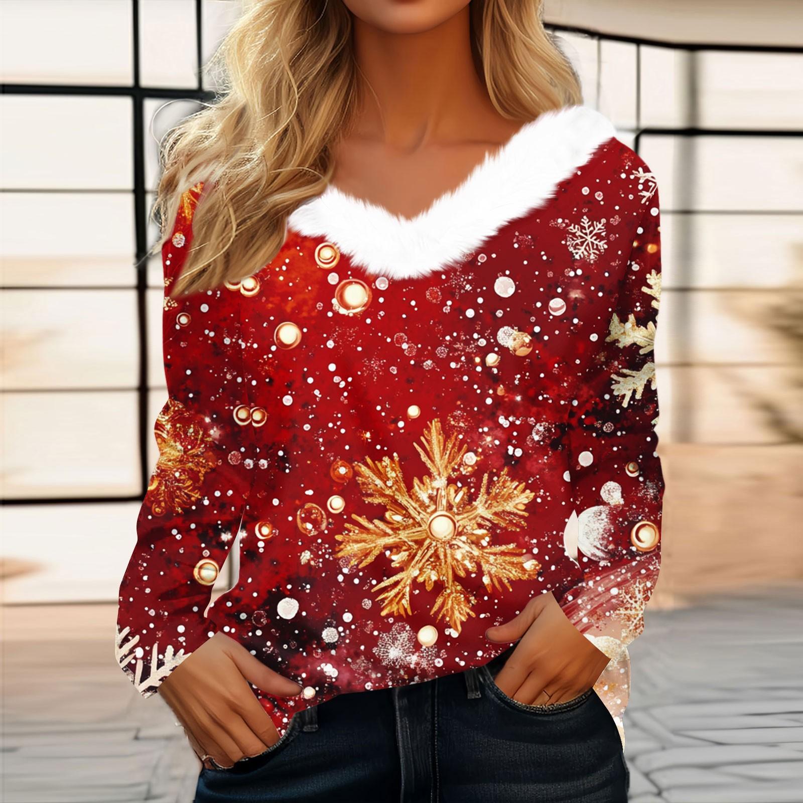 

Женская футболка, рождественская рубашка с длинным рукавом, вечерние, рождественский флисовый воротник, топ с v-образным вырезом XL киноварь