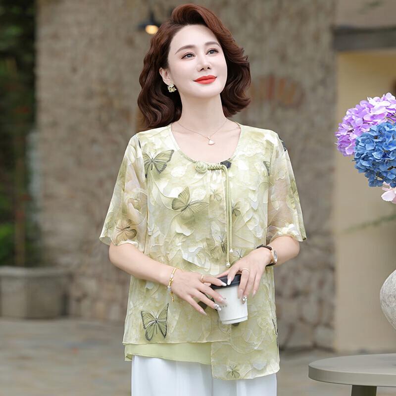 Women s Floral Chiffon Fake Two-Piece Summer Blouse 3XL