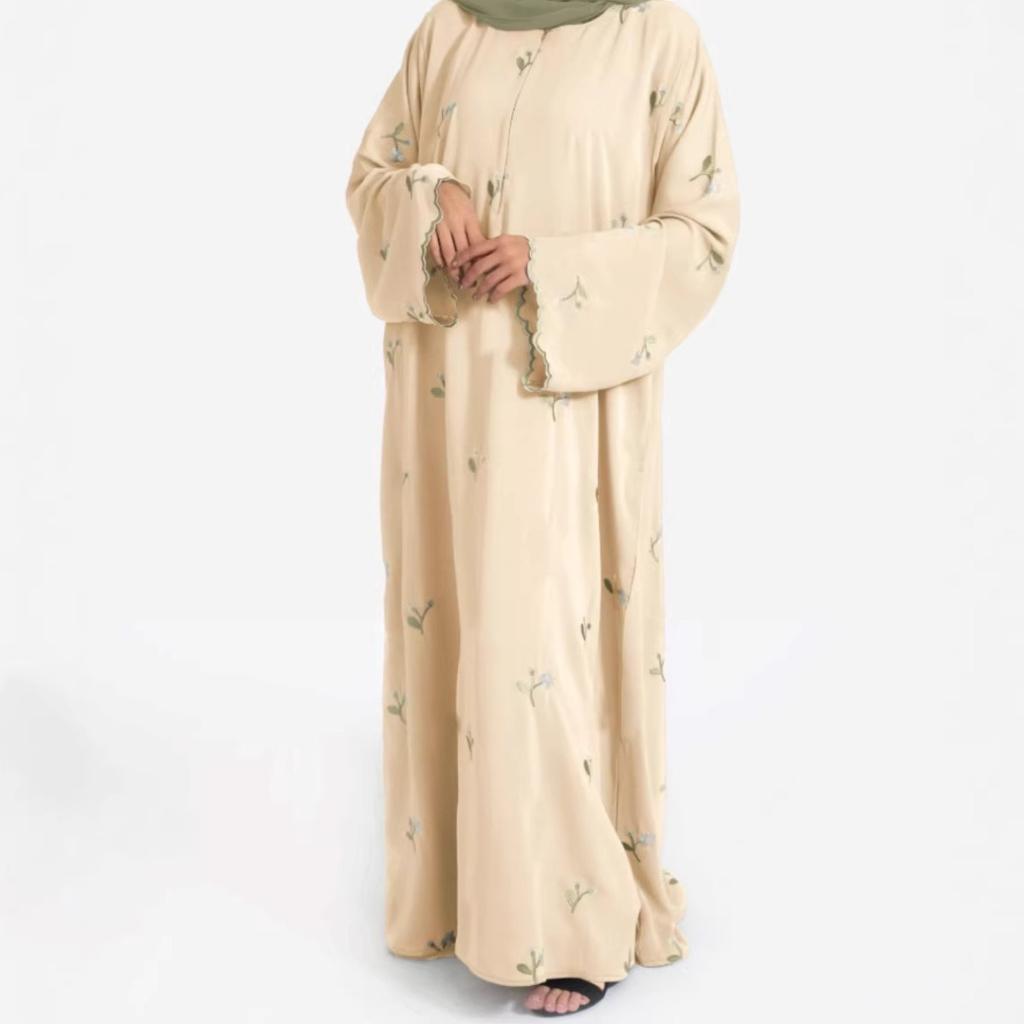 Women's Crew Neck Long Sleeve Maxi Dress Loose Waist Floral Embroidery Modest Abaya Dress