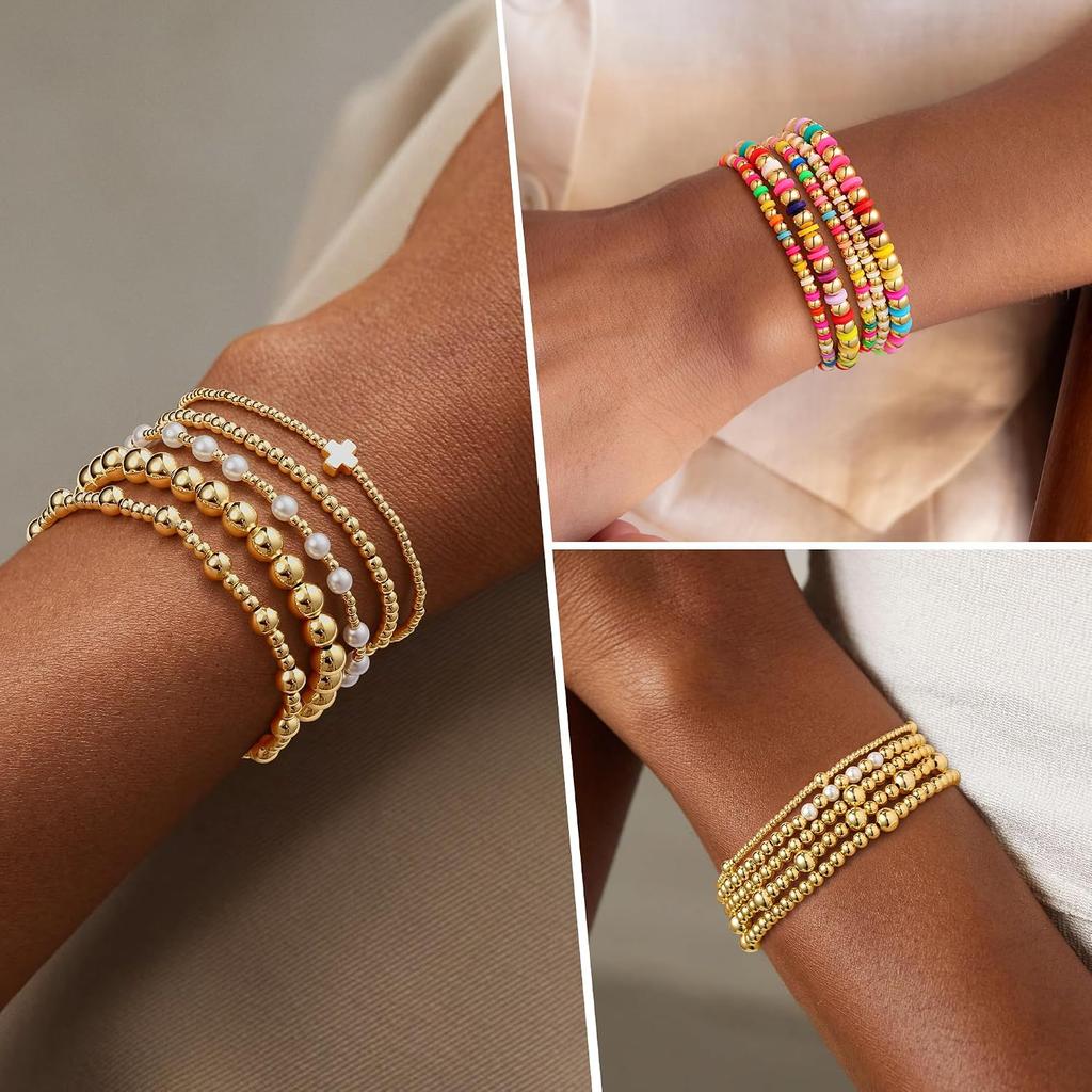 M MOOHAM Gold Beaded Bracelet Set for Women, Pearl Cross Stackable Jewelry | 14K Gold Plated Beaded Bracelets Set, Adjustable Stretch, Non Tarnish
