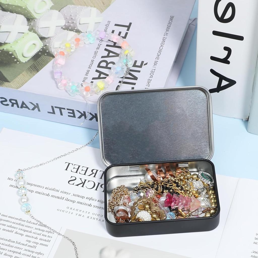 Rectangular Metal T with Lids, Black Small Box with Lid Hinged Tin Container Portable Storage Case Organizer for Home Jewelry, Cosmetic Tools, Gifts