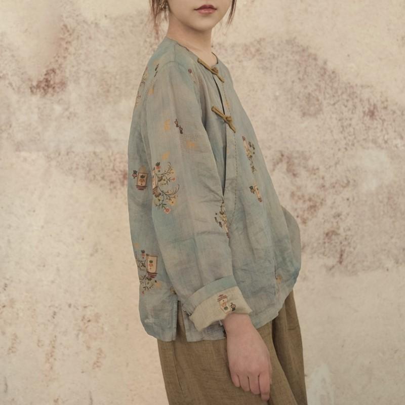 Johnature Dámské vintage potisk květinové košile Topy s devíti rukávy Ramie jarní halenky na knoflíky dámské košile