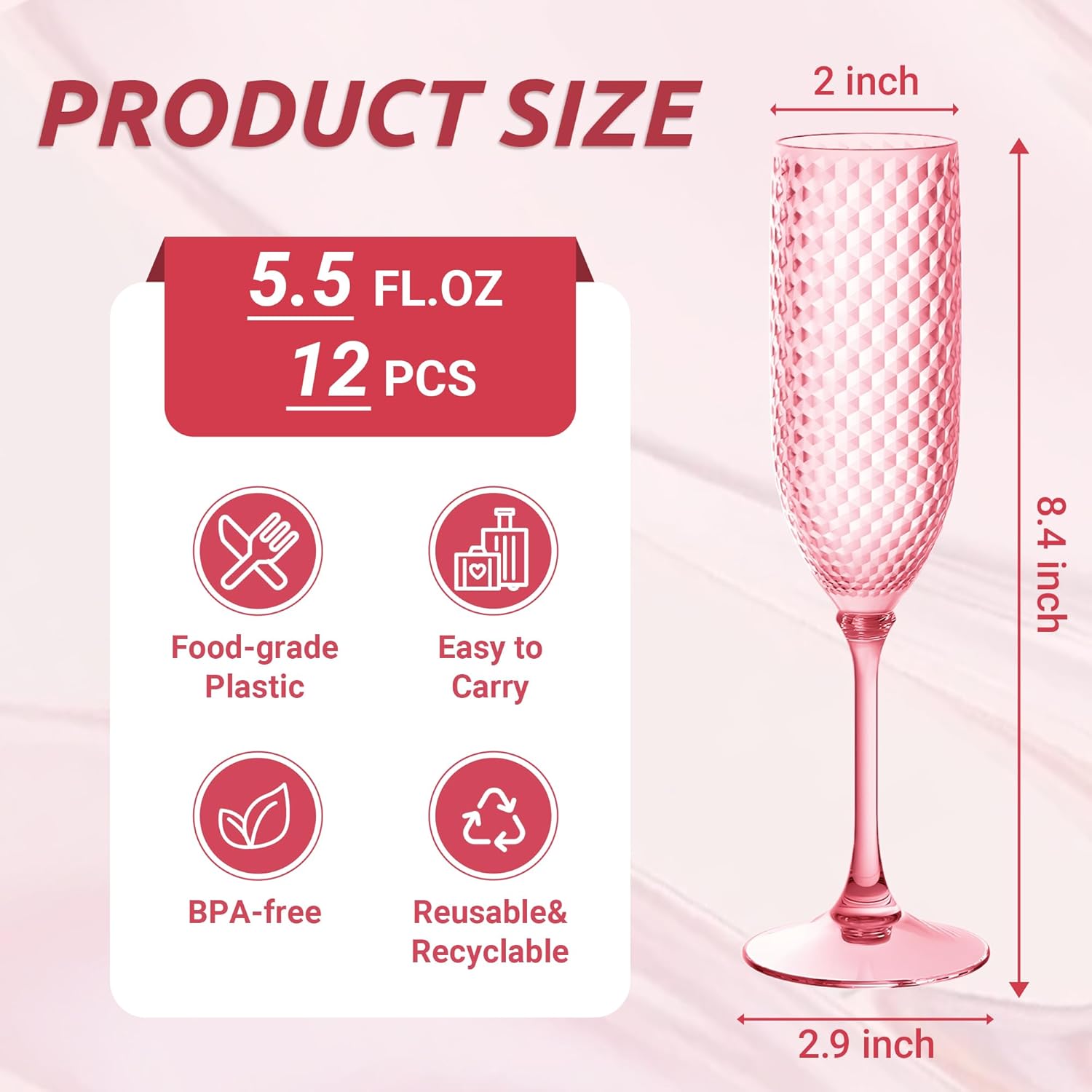

Розовые пластиковые бокалы для шампанского 12 шт., 5,5 унций Небьющиеся бокалы без BPA для свадебных тостов и вечеринок United States