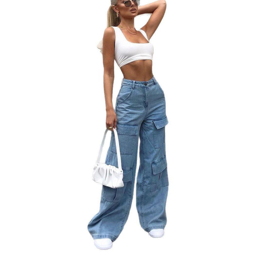 European & American Style Women's Washed Loose Denim Jeans with Large Pockets