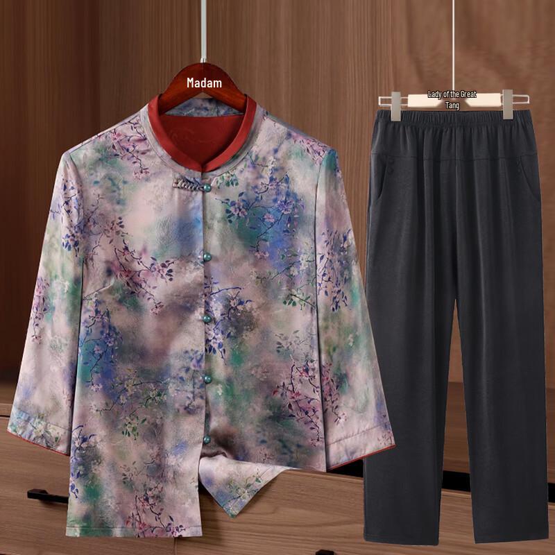 Elderly Women s 3/4 Sleeve Stand Collar Casual Blouse Set 4XL