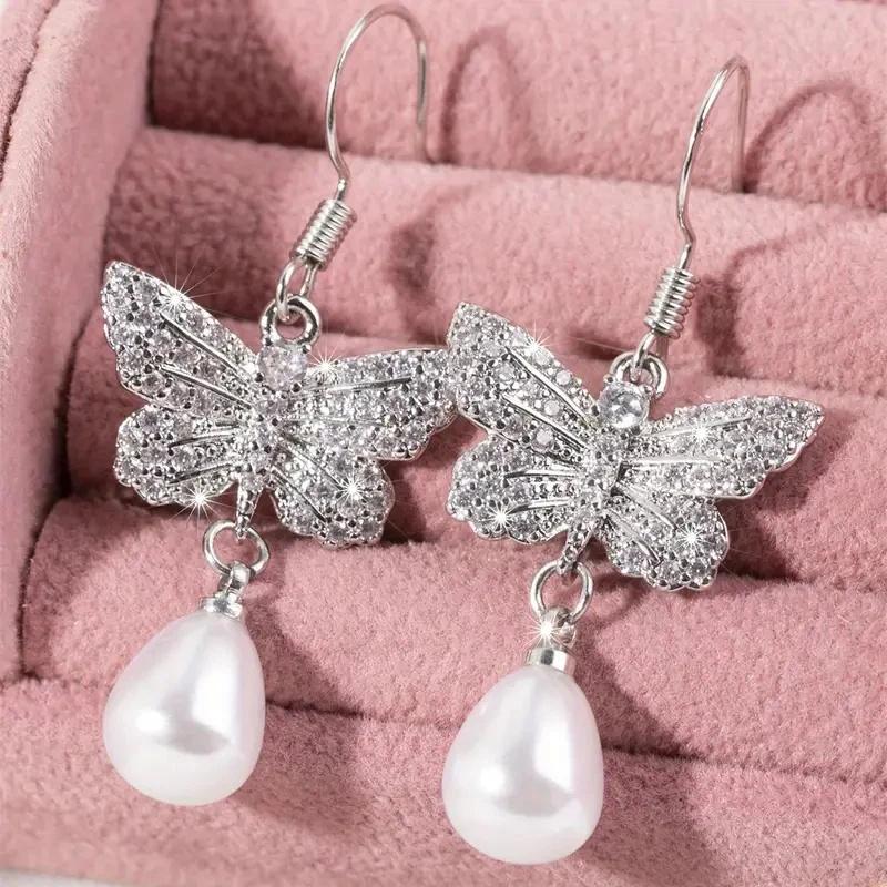 

Huitan Elegant Butterfly Drop Earrings with Shiny CZ Fashion Graceful Imitation Pearl Accessories Women Sweet Wedding Zircon