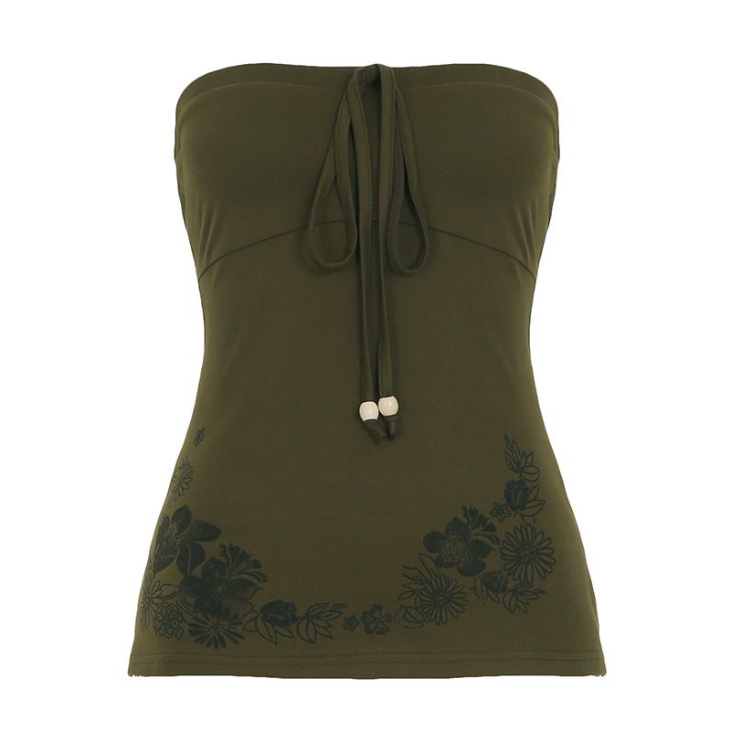 

H Home European and American Women s Clothing Bohemia Flowers Print Shoelace Halter Tube Top Niche Style Retro Tight Vacation Tops Green L