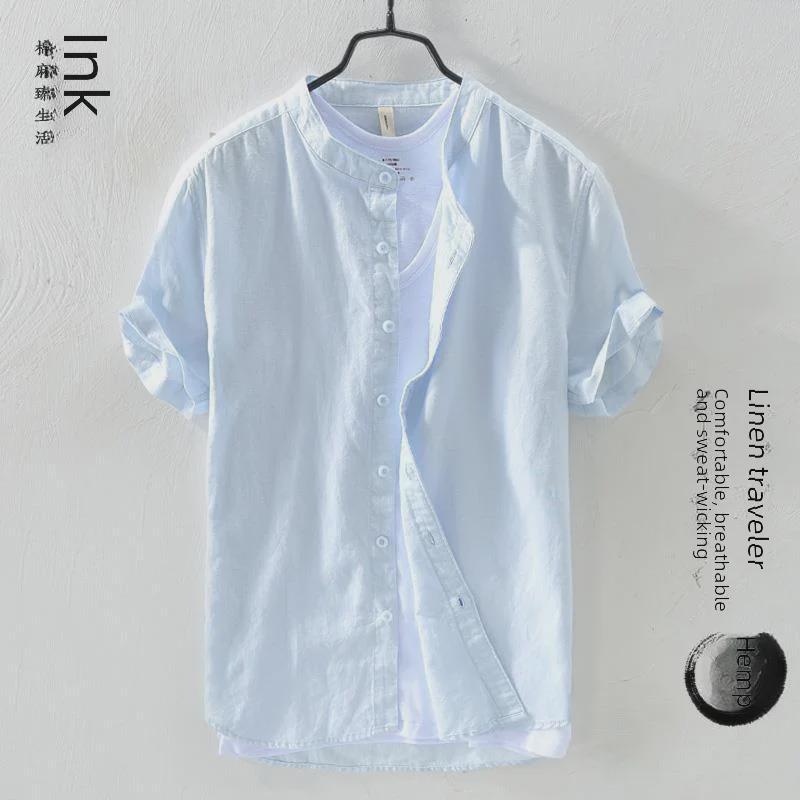 Men's Short-Sleeve Chinese-Style Linen Cotton Shirt - Casual Loose Fit