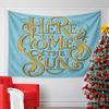 Ornate Golden Typography On a Light Blue Background with Sun Motifs. Patterned Tapestry for Bedroom and Living Room Home Decor