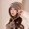 Thickened Double-layer Ear Protection and Cold-proof Three-hair Ball Fake Rabbit Hair Hat for Girls, Winter Velvet Face Protection Knitted Hat