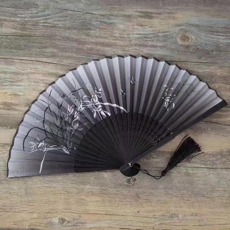 Chinese Japanese Flower Print Folding Silk Bamboo Fan Ornament Art Craft Gift Wedding Dance Performance Hand Fan