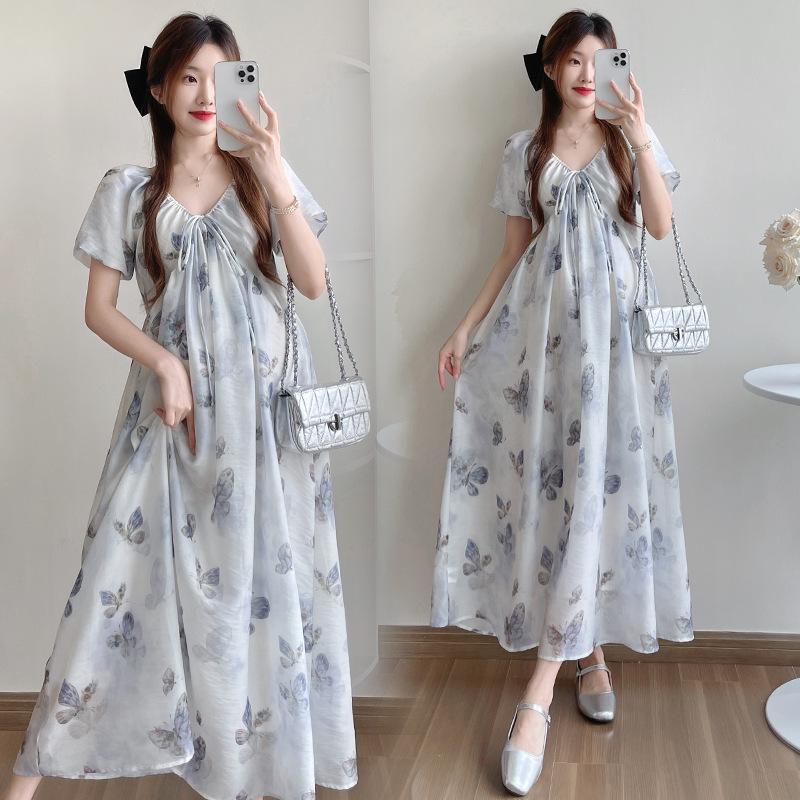 2026 Summer Floral Print Waist-Cinched Long Maternity Dress 2XL