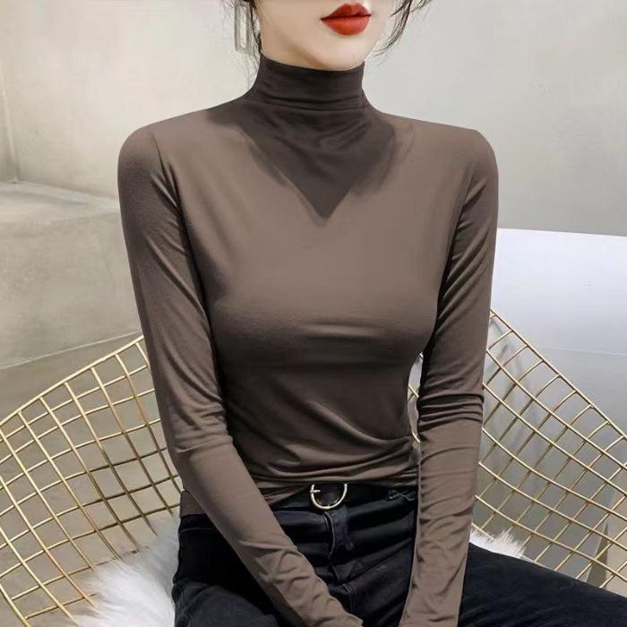 Women's Thickened Slim Fit Long Sleeve T-Shirt with Double-Sided Plush, Mid-High Neck, Brushed Base Layer Top for Autumn/Winter Warmth