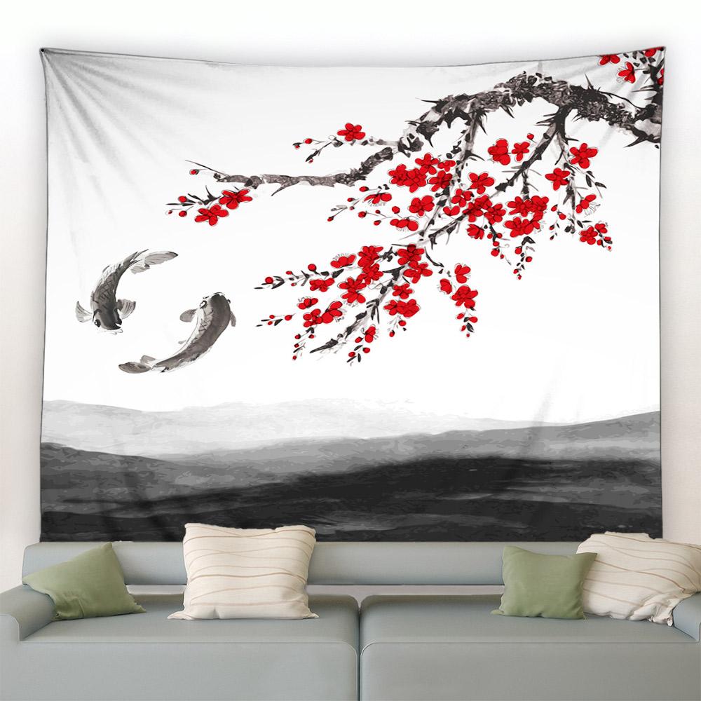 3D Chinese Ink Bamboo Tapestry Birds Red Flowers Mountain Water Natural Landscape Tapestries Dorm Living Room Wall Hanging Black