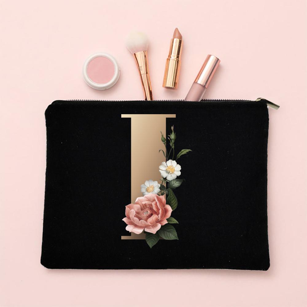 Alphabet Floral Makeup Bag Bridesmaid Maid of Honor Holiday Wedding Bachelorette Party Gift Canvas Cosmetic Zipper Storage Pouch