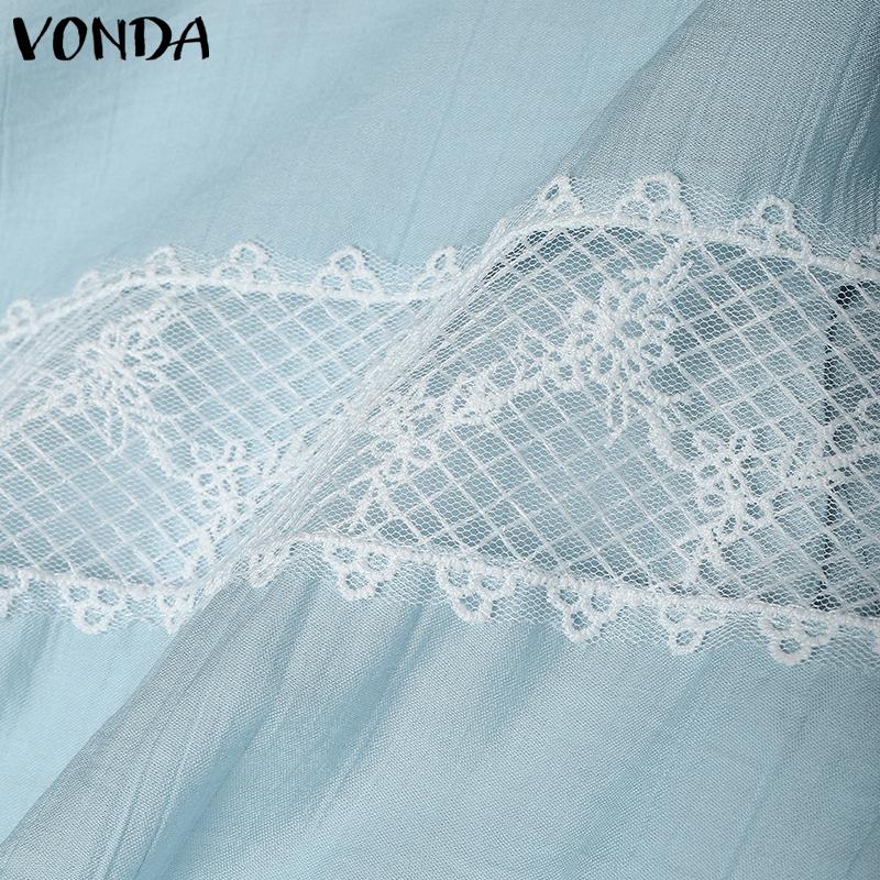 VONDA Women Casual Lapel Neck Back Lace Loose Long Sleeve Shirts Blouse