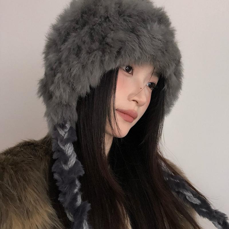 Rabbit Hair Blended Hat for Women In Autumn and Winter Thickened Warm Wool Hat Cold Protection Ears and Face Small Bag Head Hat Pullover Hat