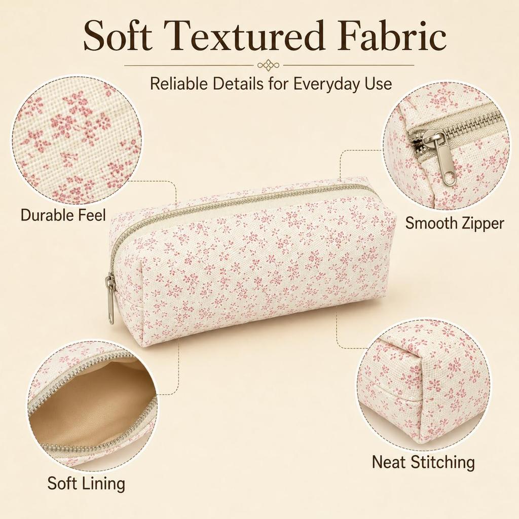 Pencil Case: 4-Piece Portable Cotton Pouch Cute Floral Design - Vintage Art Stationery Set for Kids
