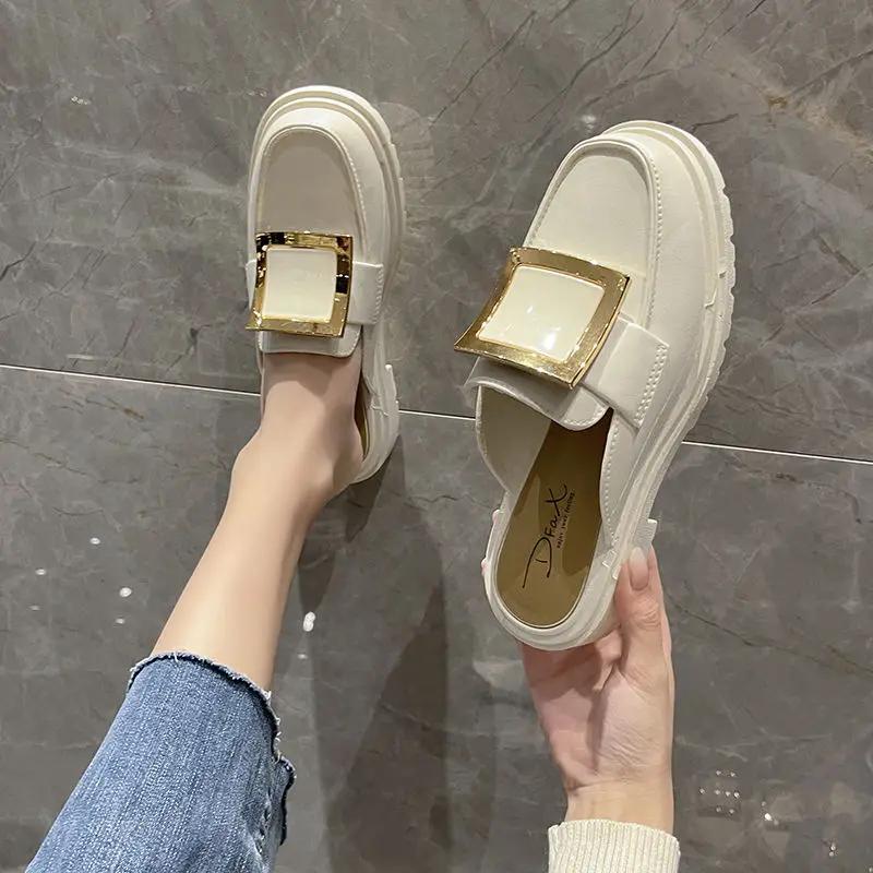 Beige Shoes For Women 2025 Summer Outside Mules Job Sandals Woman Slippers Slides Low Heel Easy Wears I Top Designs Luxury