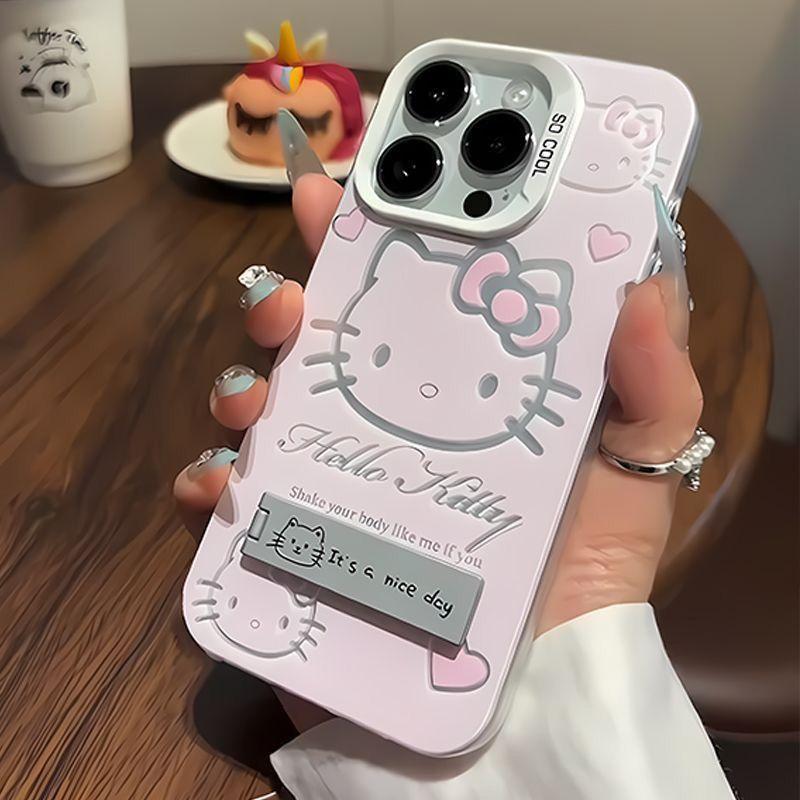 Cartoon Hello Kitty Bracket Holder Phone Case For Iphone 17 Pro Max 17 Air 16 15 14 11 12 13 Pro Max 16 Plus 16e 13 Mini Casing
