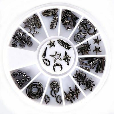 Black Punk Rivet Star Feather Metal Studs 3D Nail Art Decoration Wheel Gel Tips