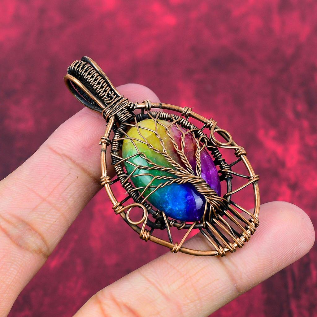 Tree Of Life Rainbow Solar Quartz Druzy Pendant Copper Wire Wrapped Gemstone Pendant Handmade Pendant Dainty Copper Jewelry Engagement Gifts