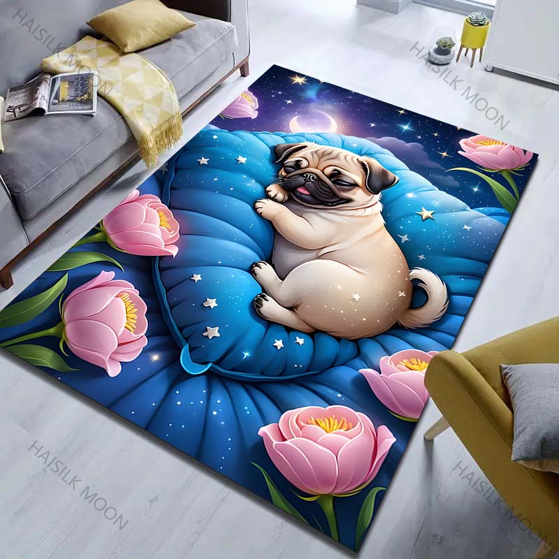 Sleeping Cute Pug Print Carpet for Living Room Bedroom Bedside Sofa Table Floor Mat Home Area Rug Decor for Gifts Large Size