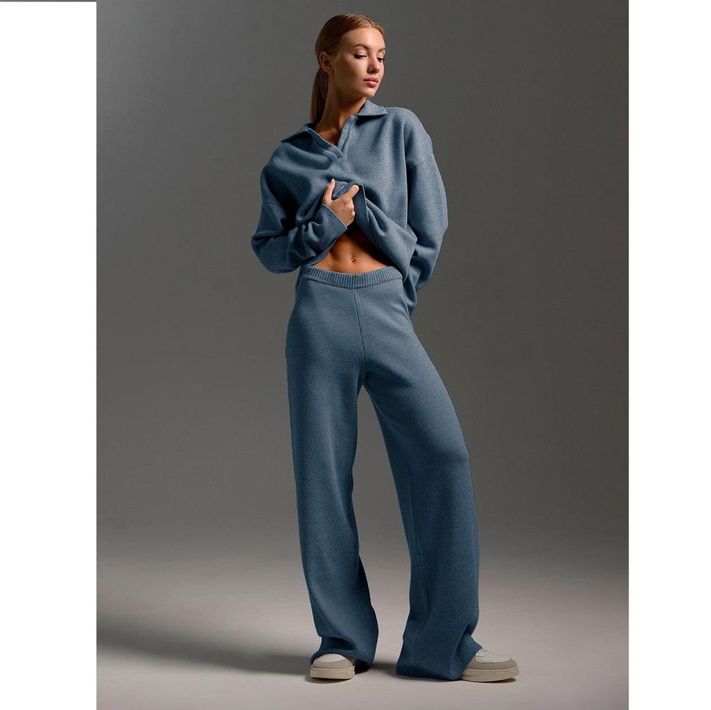Solid Color Lapel Sweater Set Knit Sweater+straight Leg Wide Leg Pants Two-piece Set High Neck