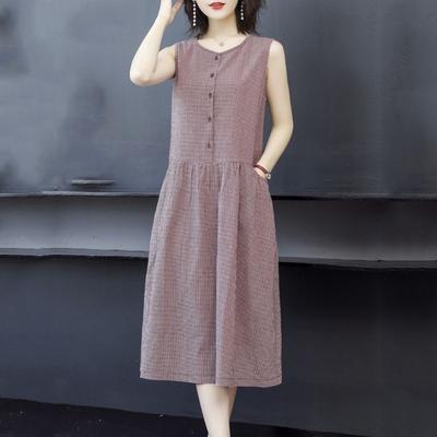 Women Summer Brown Gingham Sleeveless Pocket Button Down Midi Dress
