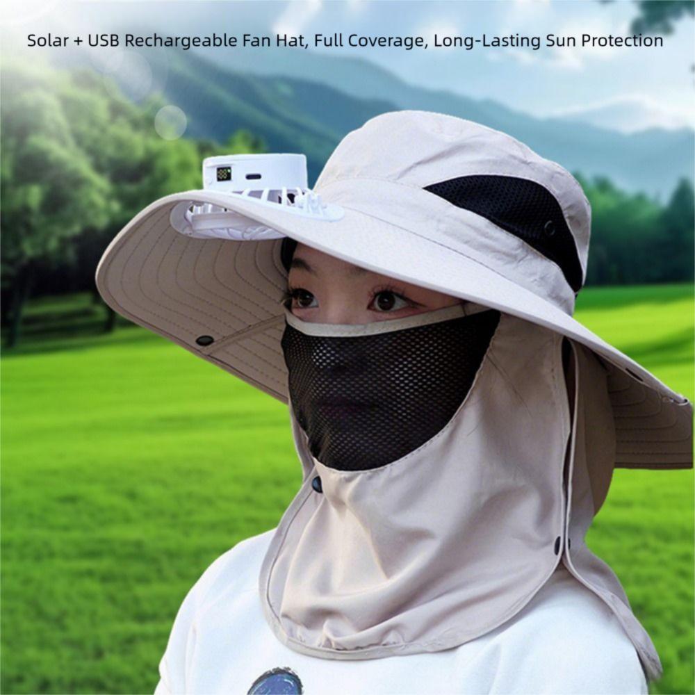 Neck Protection Sun Hat with Solar Fan Digital Display Screen Face Cover Bucket Hat  Hiking