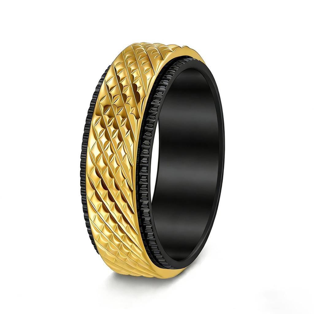 8mm Titanium Steel Punk Rotatable Decompression Ring with Woven Mesh and 18K Vacuum Plating