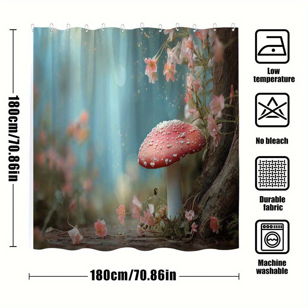 1Pc Fantasy Mushroom Bath Curtain - Enchanted Fairy Tale Glow, Red Cap & White Spots Mushroom With Ethereal Forest, Pink Flowers