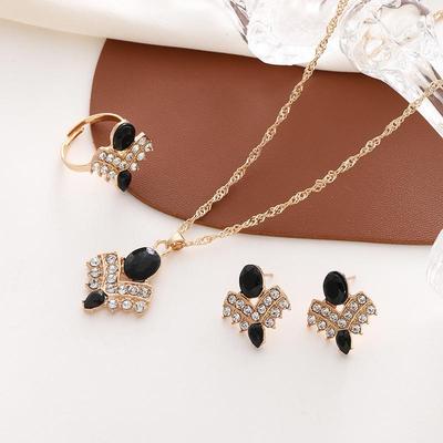 Women's V-Shaped Diamond-Studded Crown Jewelry Set - Featuring Fashionable European and American-Inspired Necklace, Ring, and Earrings.