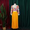 Women V Neck Printed Top Pleated Long Skirt Two Piece Casual Clothing Set