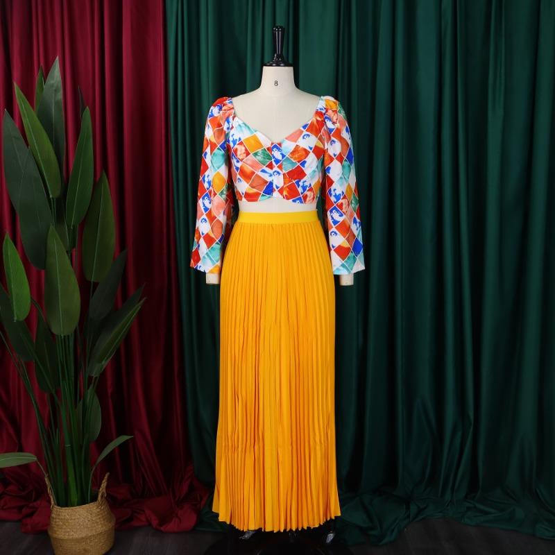 Women V Neck Printed Top Pleated Long Skirt Two Piece Casual Clothing Set
