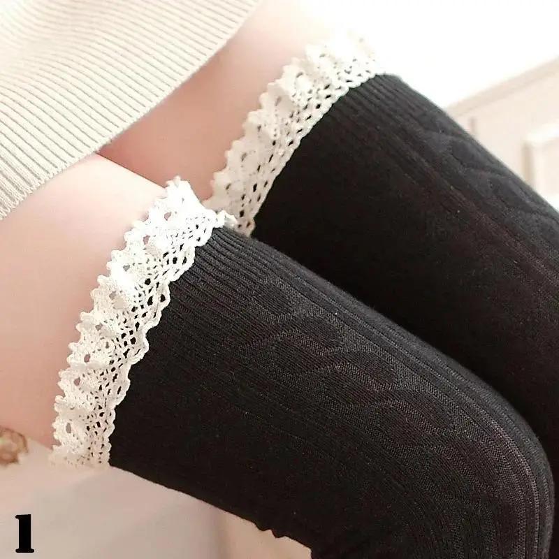 Women Fashionable Solid Color Warm Cotton Thigh High Long Stockings Knit Over Knee Lace Girls Socks Accessories Creative Gifts