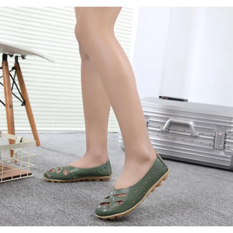 New Women Fashion Hollow Soft Sole Flat Heel Sandals Genuine Leather Casual Flat Daily Shoes Comfortable Footwear for Female