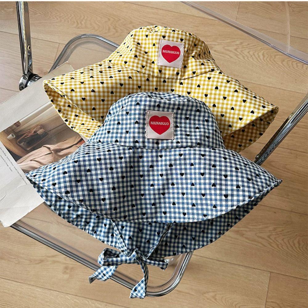 Lace Up Hiking Fisherman Hat Sun Protection Plaid Hiking Cap Fashion Drawstring Sun Hat  Camping