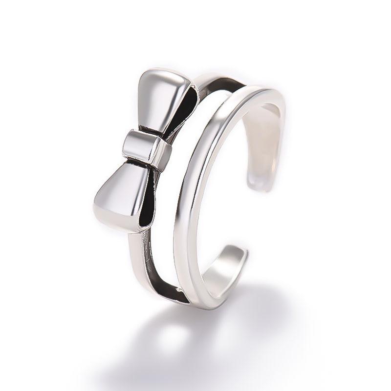 Trendy Double Layer Open Bow Ring: Retro Korean-Style Silver Jewelry for Women