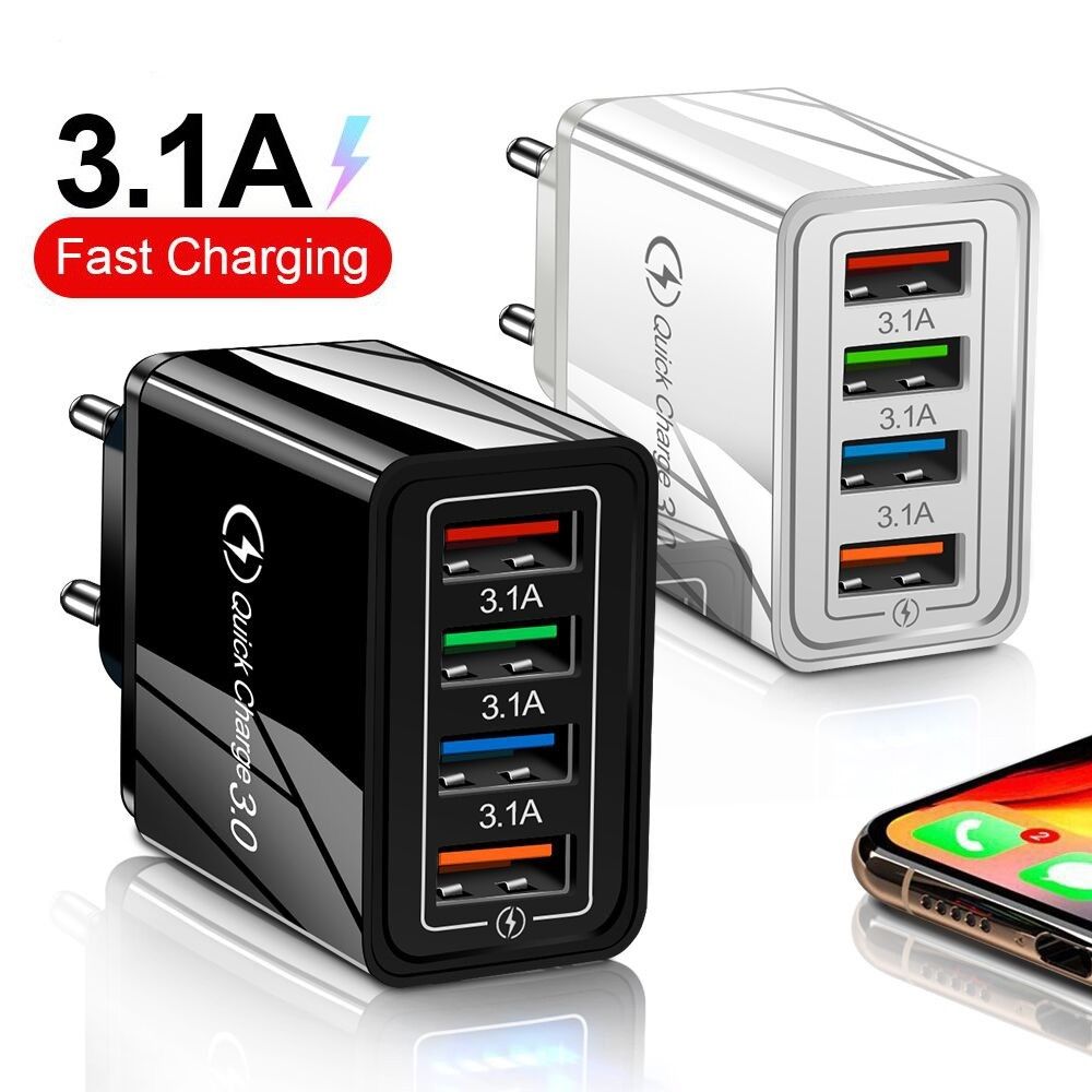3A Charger Travel Portable Phone Adapter USB Charger 4-Port Quick Charge EU/US Plug