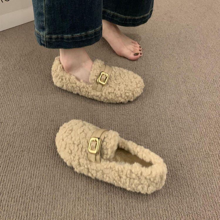 2025 Korean Style Women's Fuzzy Slip-on Lambswool Loafers: Warm Fleece-lined Cotton Bean Shoes