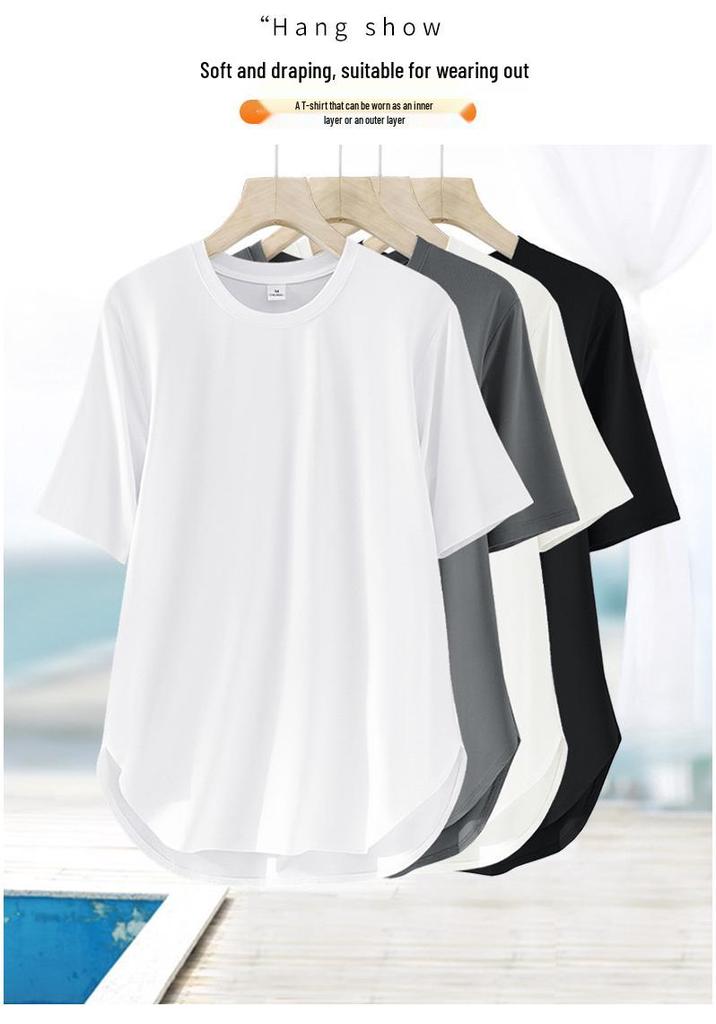 Women's Cool Ice Feel Solid Color Round Neck Short Sleeve Loose Fit Summer Top with Curved Hem