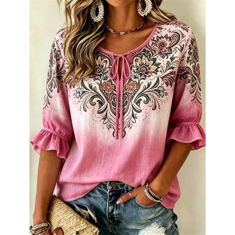 Women's White Boho Floral Print Tie Neck Blouse, Casual Loose Tops for Spring Summer Daily Wear & Vacation Occasions