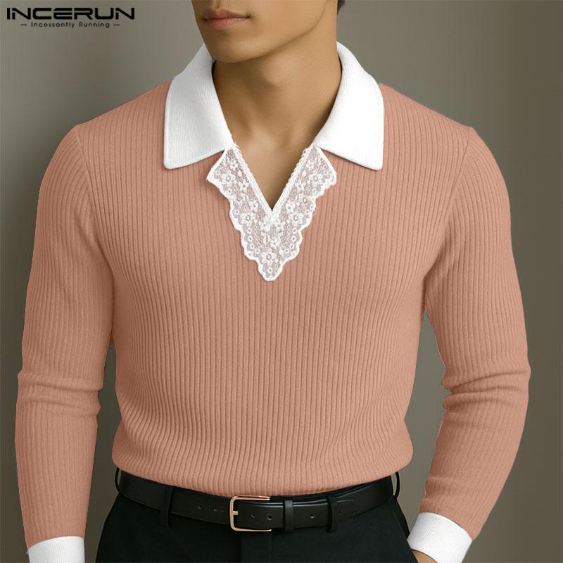 INCERUN Herbst Herren Spitze Revers V-Ausschnitt Langarm Rippstrick Casual Pullover Tops