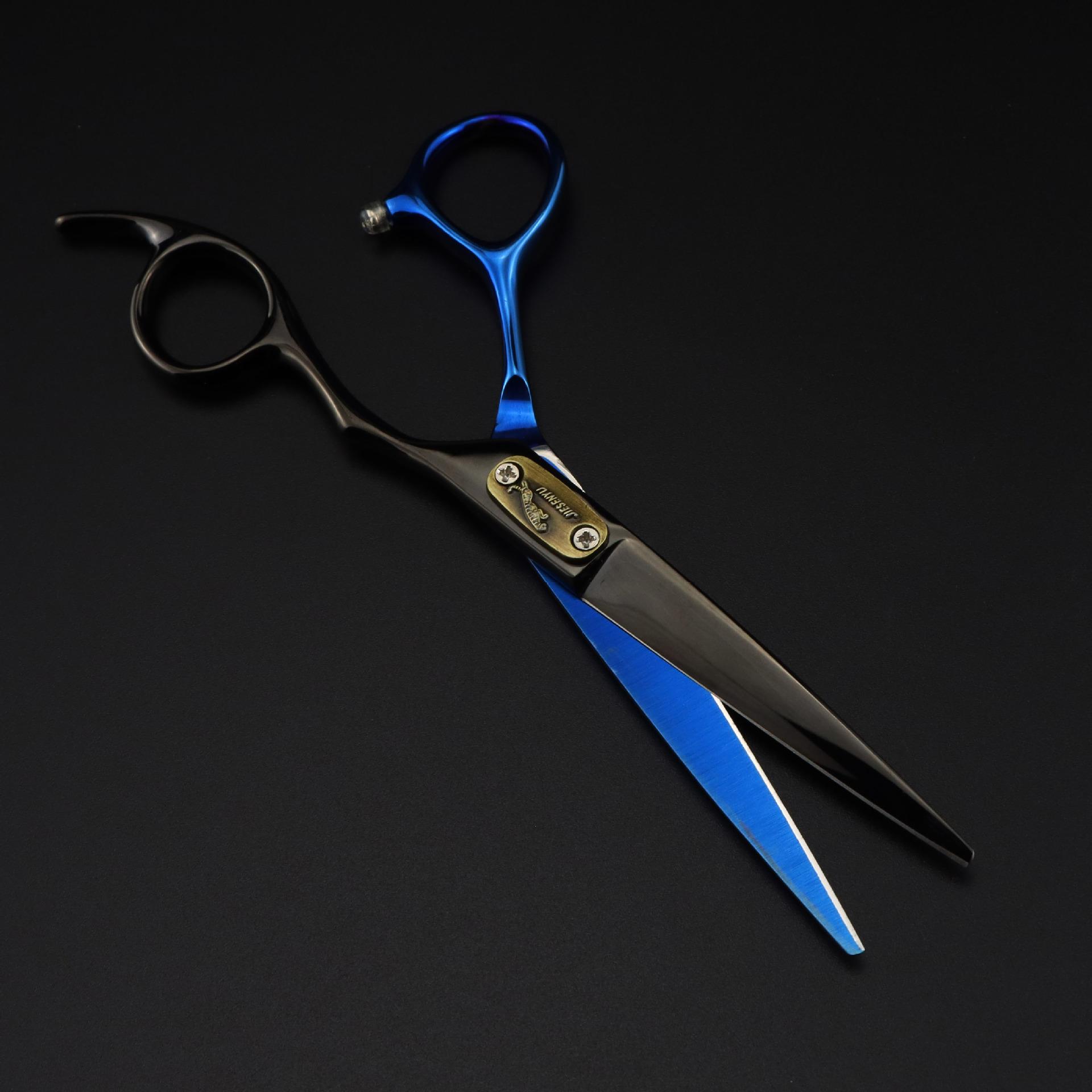 

6.0 Inch Black And Blue Cover Hairdressing Scissors, Hair Scissors, Tooth Scissors, Antler Teeth, Non-Marking Teeth, V-Row Teeth, Fishbone Teeth Hand-shaped straight cut flat